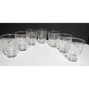 7 Vintage Libbey Blown Dandelion Seed Wisp Atomic Gold Pedestal MCM Glasses